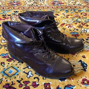 Lace Up Shiny Faux Brown Leather Grannie Boots